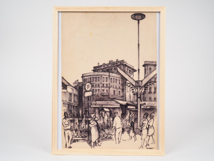 Ibrahim EZZAT. "Place de la gare Ramleh à Alexandrie". Dessin, signé e