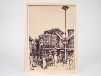 Vente aux enchères Ibrahim EZZAT. "Place de la gare Ramleh à Alexandrie". Dessin, signé e