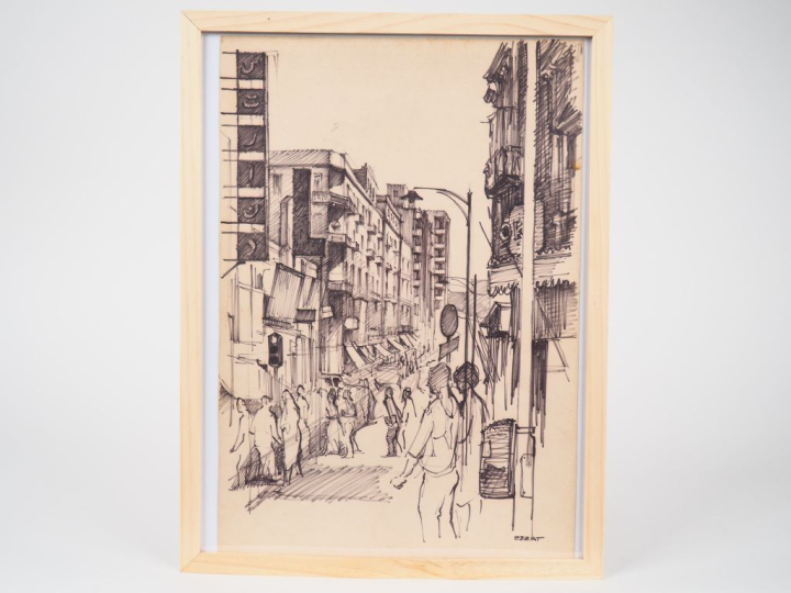 Ibrahim EZZAT. "Au coin de la rue Sofia-Zaghloud". Dessin, signé en ba