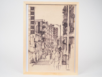 Vente aux enchères Ibrahim EZZAT. "Au coin de la rue Sofia-Zaghloud". Dessin, signé en ba