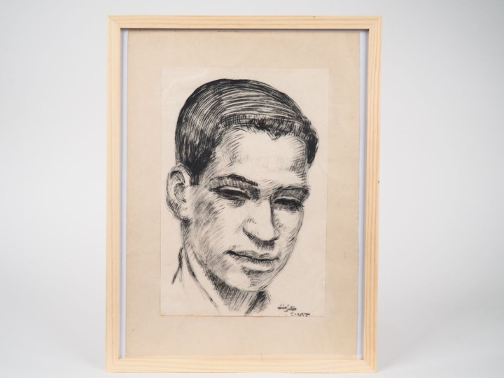 Ibrahim EZZAT. "Portrait de jeune homme". Dessin, signé en bas à droit
