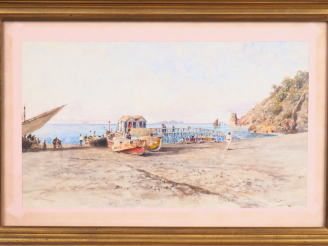 Vente aux enchères FANCINI. "Bord de mer à Positano". Aquarelle, signée et titrée en bas 