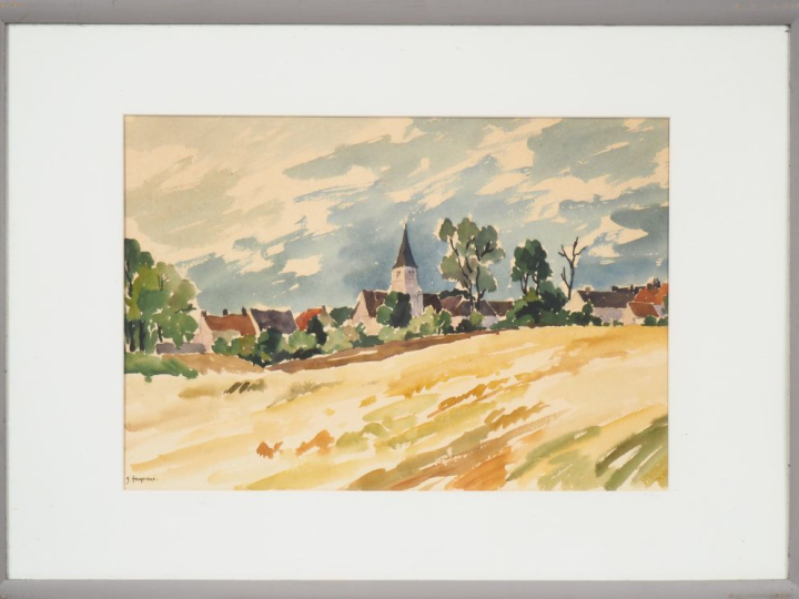 Jean FEUGEREUX. "Eglise dans la campagne".  Aquarelle, signée en bas à