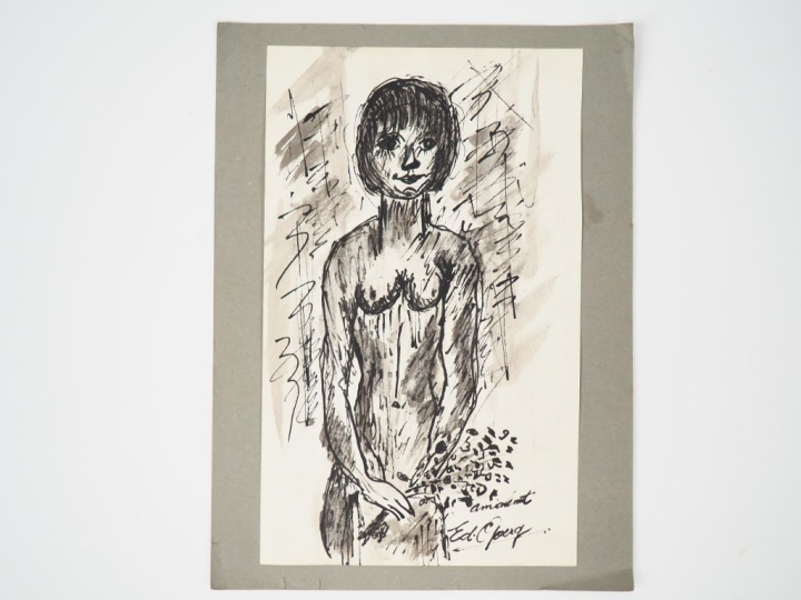 Edouard GOERG. "Portrait de jeune fille nue". Dessin à l'encre, signé 