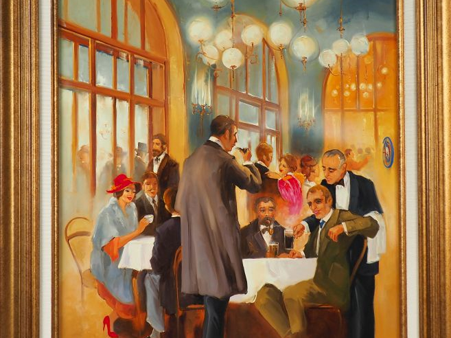 Georges GOROMINAS. "Le pub irlandais". Huile sur toile, signée en bas 