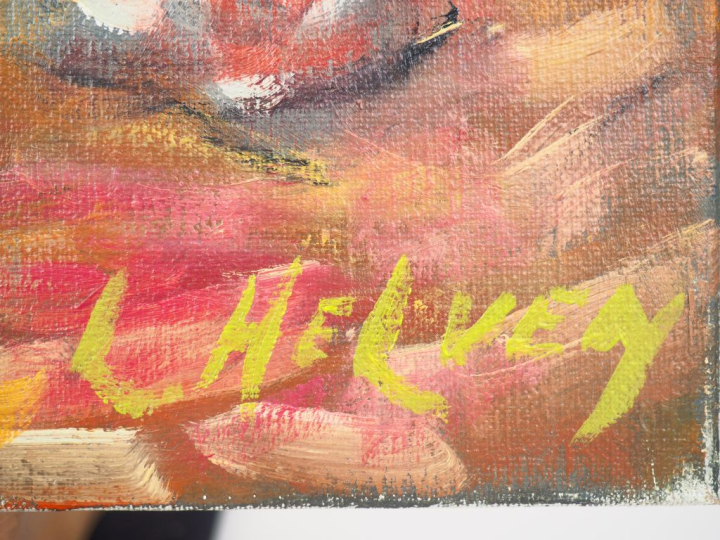 HELVEN. "Bouquet de fleurs sur une table". Huile sur toile, signée en 