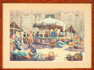 Vente aux enchères Romain JOUVIN. "Le marché de plein vent". Aquarelle, signée en bas à d