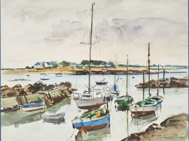 Constant LE BRETON. "Barques de pêche au mouillage". Aquarelle, signée