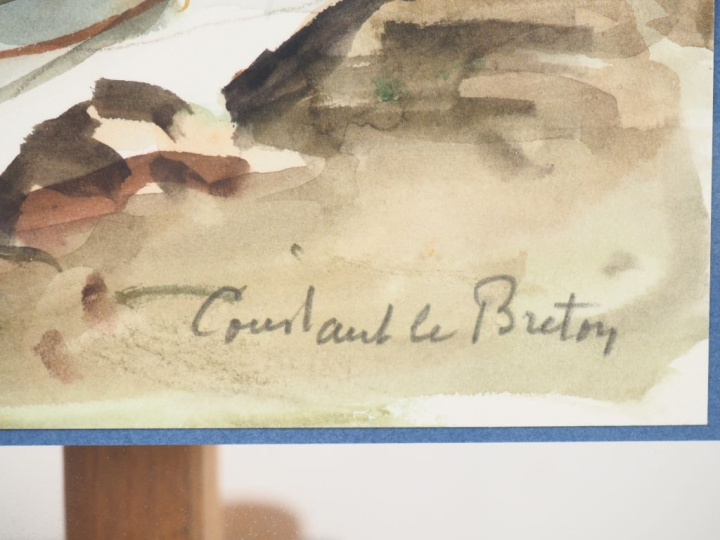 Constant LE BRETON. "Barques de pêche au mouillage". Aquarelle, signée