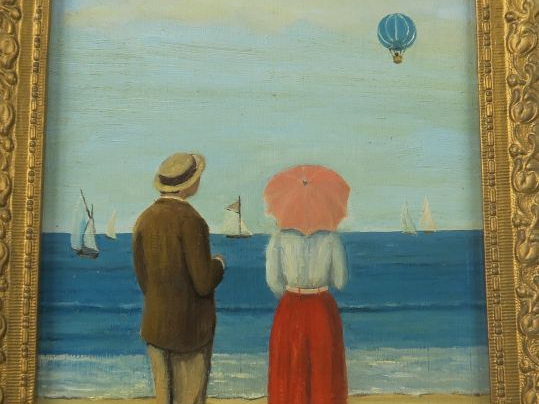 LEPIDI. "Elégants sur la plage". Huile sur panneau, signée en bas à dr