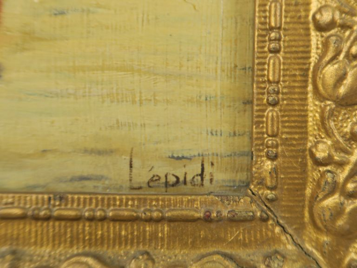 LEPIDI. "Elégants sur la plage". Huile sur panneau, signée en bas à dr