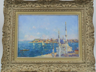 Vente aux enchères François NICOT. "Vue de Constantinople". Huile sur toile, signée en ba