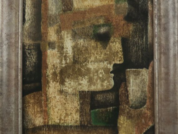 Jose OSTRIA. "Le verre d'eau". Huile sur isorel, signée en bas à gauch