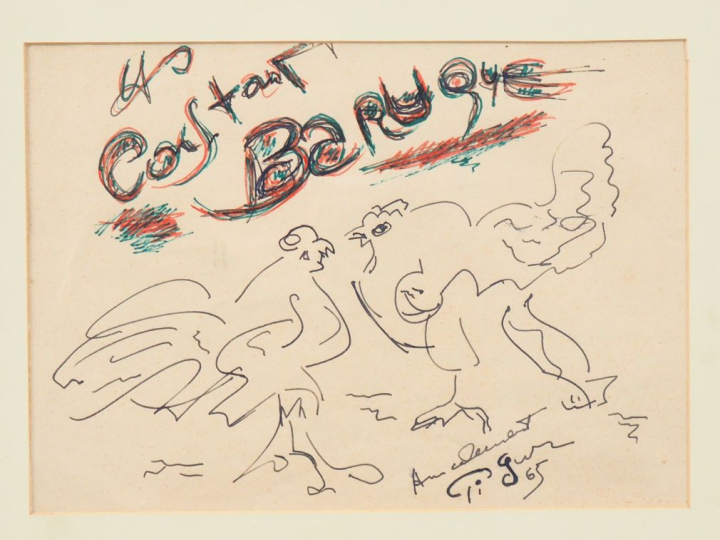 Edouard PIGNON. "Le combat de coqs". Dessin, signé en bas à droite et 