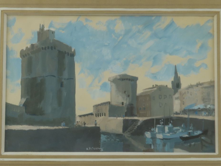 Henri PLISSON. "Le port de la Rochelle". Gouache, signée en bas. Dim. 