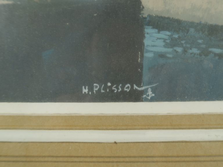 Henri PLISSON. "Le port de la Rochelle". Gouache, signée en bas. Dim. 