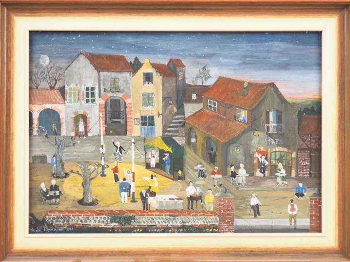 Thierry de PUYMAURIN. "Fête de village". Huile sur toile, signée en ba