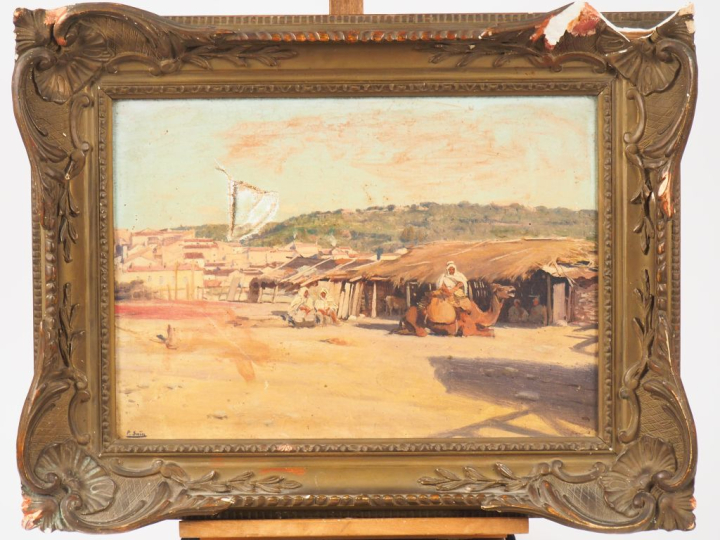Paul SAÏN. "Village animé en Afrique du nord". Huile sur toile, signée