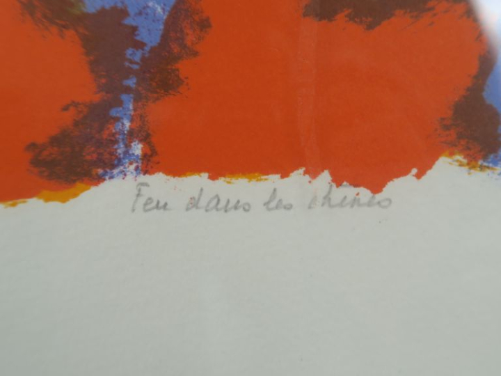 Maurie Elie SARTHOU. "Feu dans les chênes". Lithographie en couleur, c