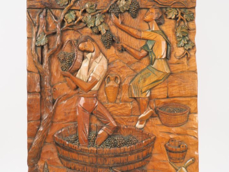 Vente aux enchères Remigio SOLER. "Allégorie des vendanges". Panneau en bois sculpté poly