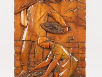 Vente aux enchères Remigio SOLER. "Le marché aux poissons". Panneau en bois sculpté polyc