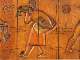 Vente aux enchères Remigio SOLER. "Pêcheurs". Panneau en bois sculpté polychrome signé en