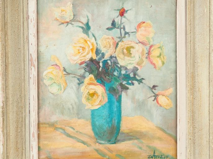 VERDIER. "Bouquet de roses blanches dans un vase". Huile sur toile, si