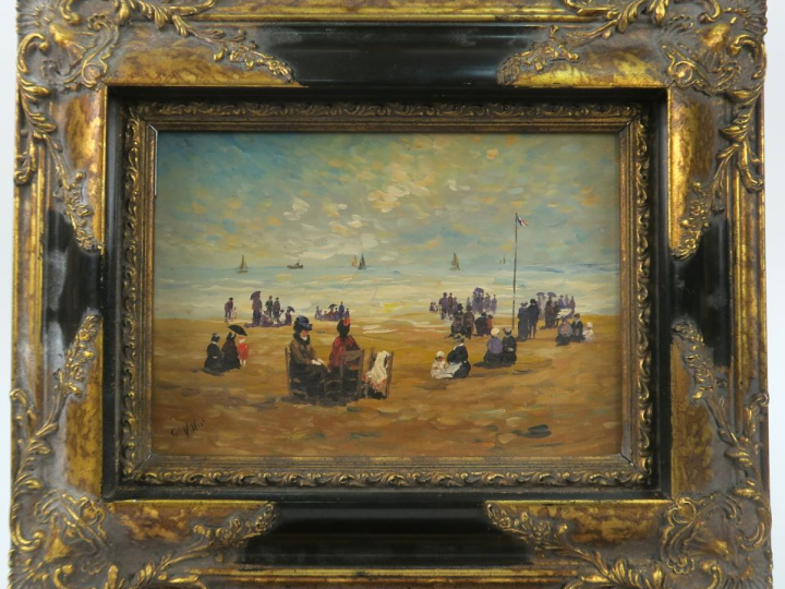 Georges VILLIE. "Bains de mer à la Belle Epoque". Paire d'huiles sur p