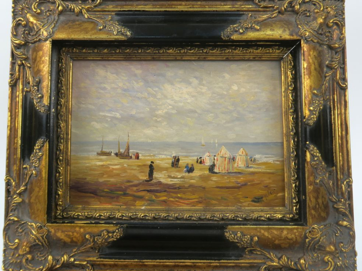 Georges VILLIE. "Bains de mer à la Belle Epoque". Paire d'huiles sur p