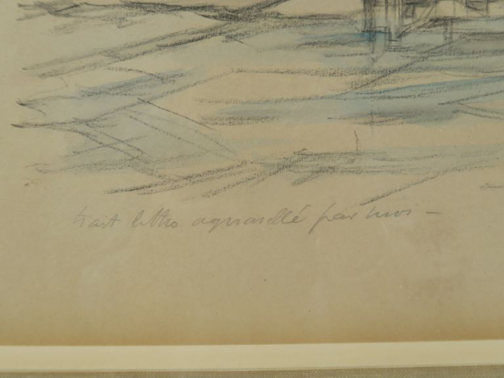 Jacques VILLON. "Vue de ville en bord de mer". Lithographie, aquarellé