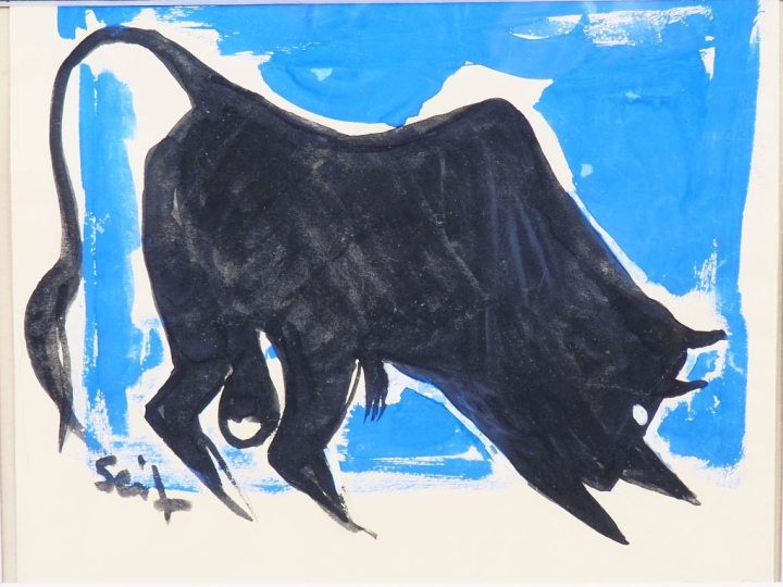Seif WANLY. "Tauromachie bleue" Aquarelle, signée en bas à gauche. Dim