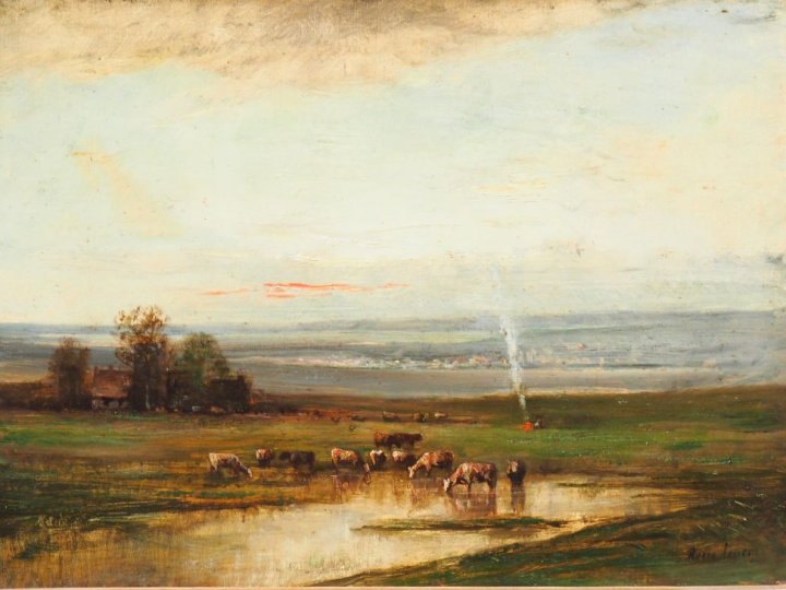 Ecole française XIXème. "Troupeau dans un paysage lacustre". Huile sur