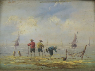 Vente aux enchères Ecole française début XXème. "Pêcheurs en bord de mer". Paire d'huiles
