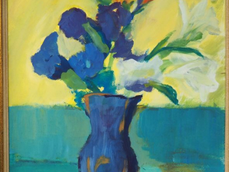 Vente aux enchères Ecole française XXème. "Bouquet de fleurs dans une carafe". Gouache su