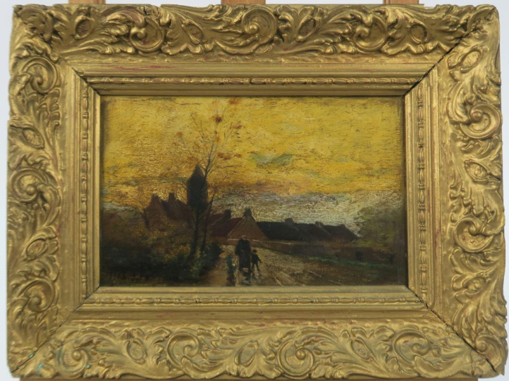 Ecole XIXème "Balade dans la campagne bretonne". Huile sur panneau, si