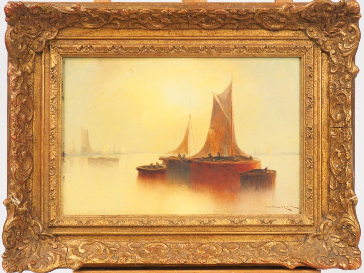 Ecole française début XXème. "Marine au soleil levant". Huile sur pann