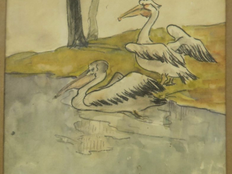 Vente aux enchères Ecole française XXème. "Les pélicans". Aquarelle, monogrammée en bas à