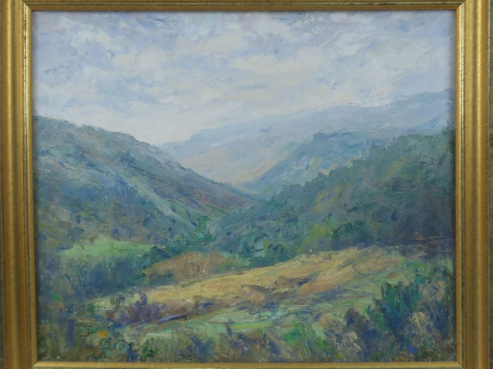 Ecole française XXème. "Paysage montagneux". Huile sur toile, monogram