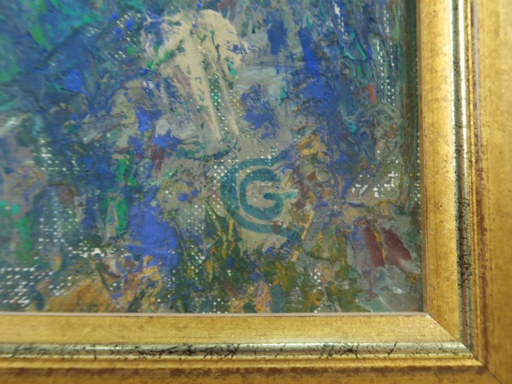 Ecole française XXème. "Paysage montagneux". Huile sur toile, monogram