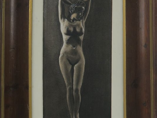 Ecole française XXème. "Le modèle". Dessin rehaussé de craie". Dim. 28