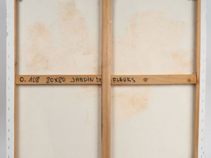 Ecole française contemporaine. "Jardin de fleurs". Huile sur toile, ti