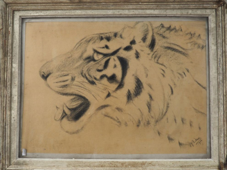 Vente aux enchères Ecole française XXème. "Le fauve". Dessi au fusain, signé en bas à dro