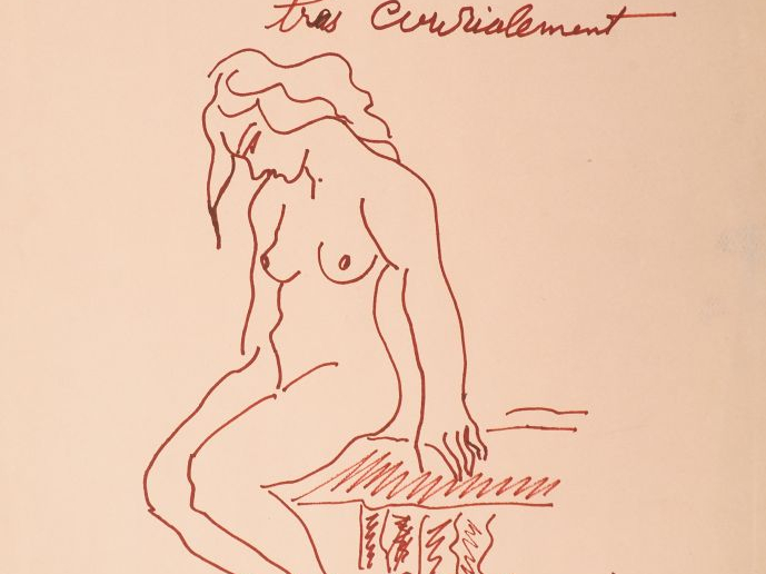 Pierre AMBROGIANI. "Femme nue de trois quart". Dessin au feutre, signé