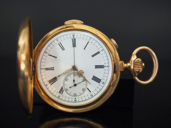 Montre de gousset chronographe en or jaune 750. Couvercle à l'avant, à