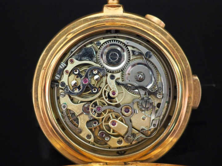 Montre de gousset chronographe en or jaune 750. Couvercle à l'avant, à