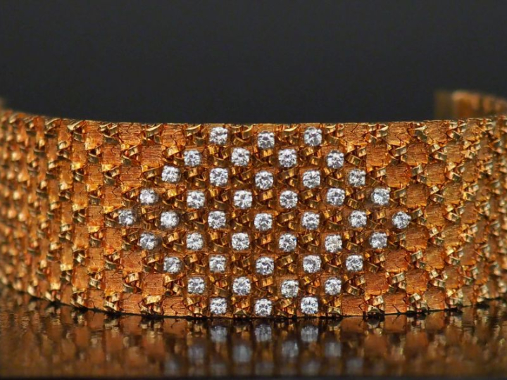Bracelet manchette souple en or jaune 750 et platine 950, maille plate