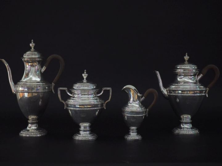 Service à café et à thé de style Louis XVI en argent 925, poinçon Mine