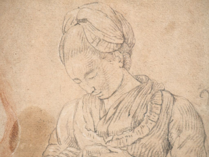 Ecole du nord XVIIIème. "Etude de main et jeune fille à l'ouvrage". De