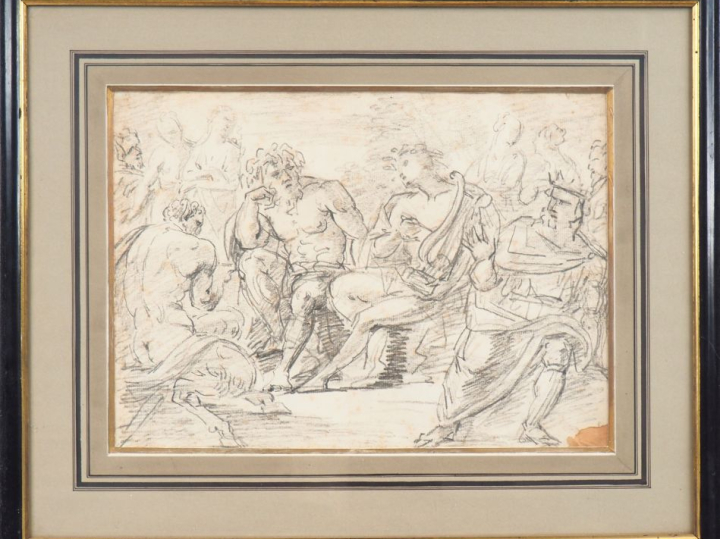 Ecole française XVIIIème. "Discussion sur l'Olympe". Dessin. Dim. 27,5