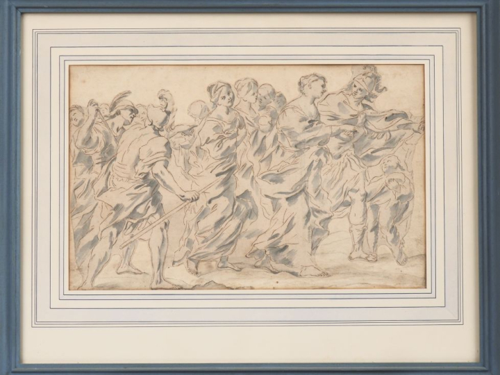 Ecole italienne XVIIème. "Femmes et soldats de l'antiquité". Dessin et